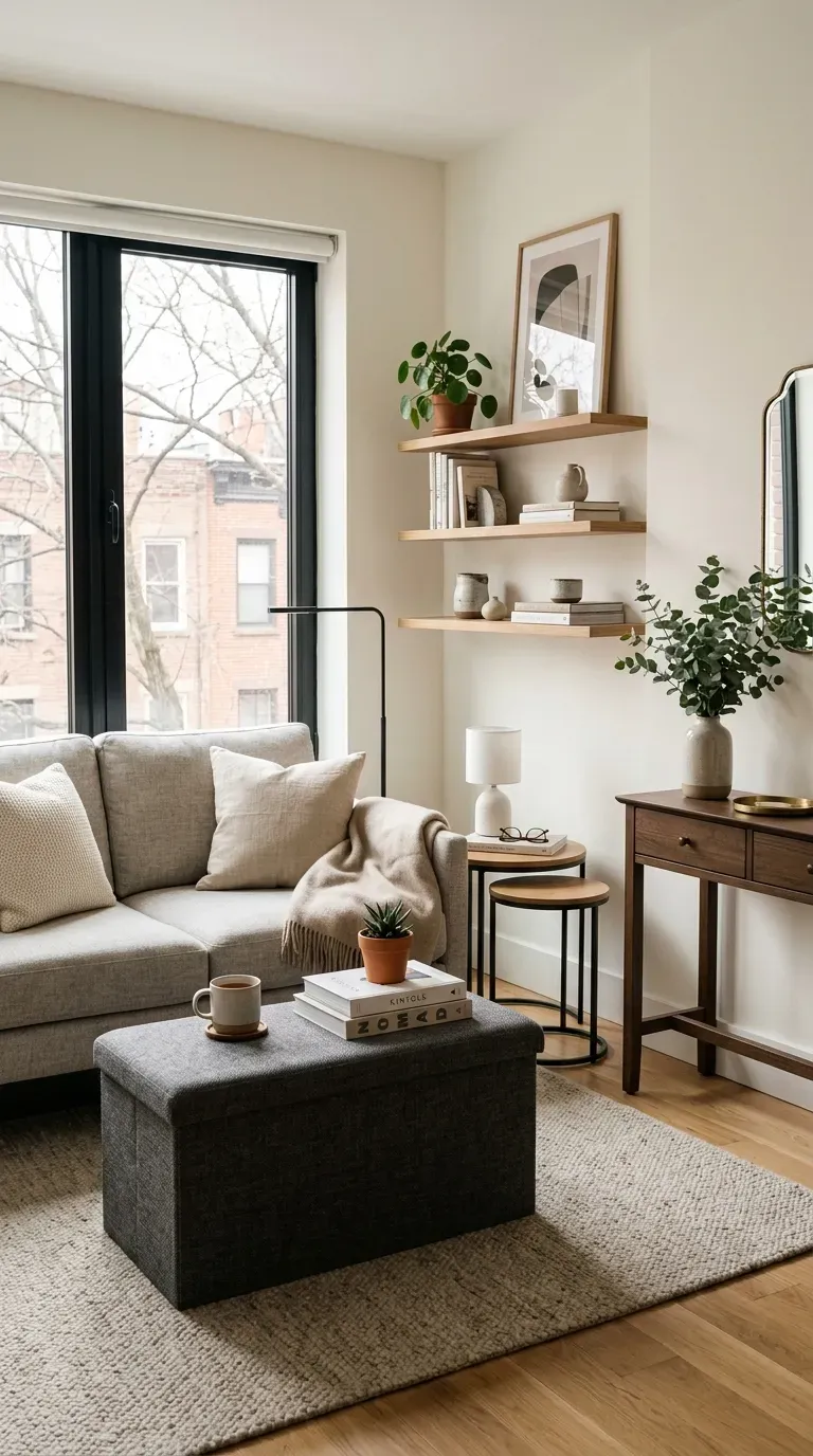 Small apartment living room with multifunctional furniture including storage ottoman and compact sofa.