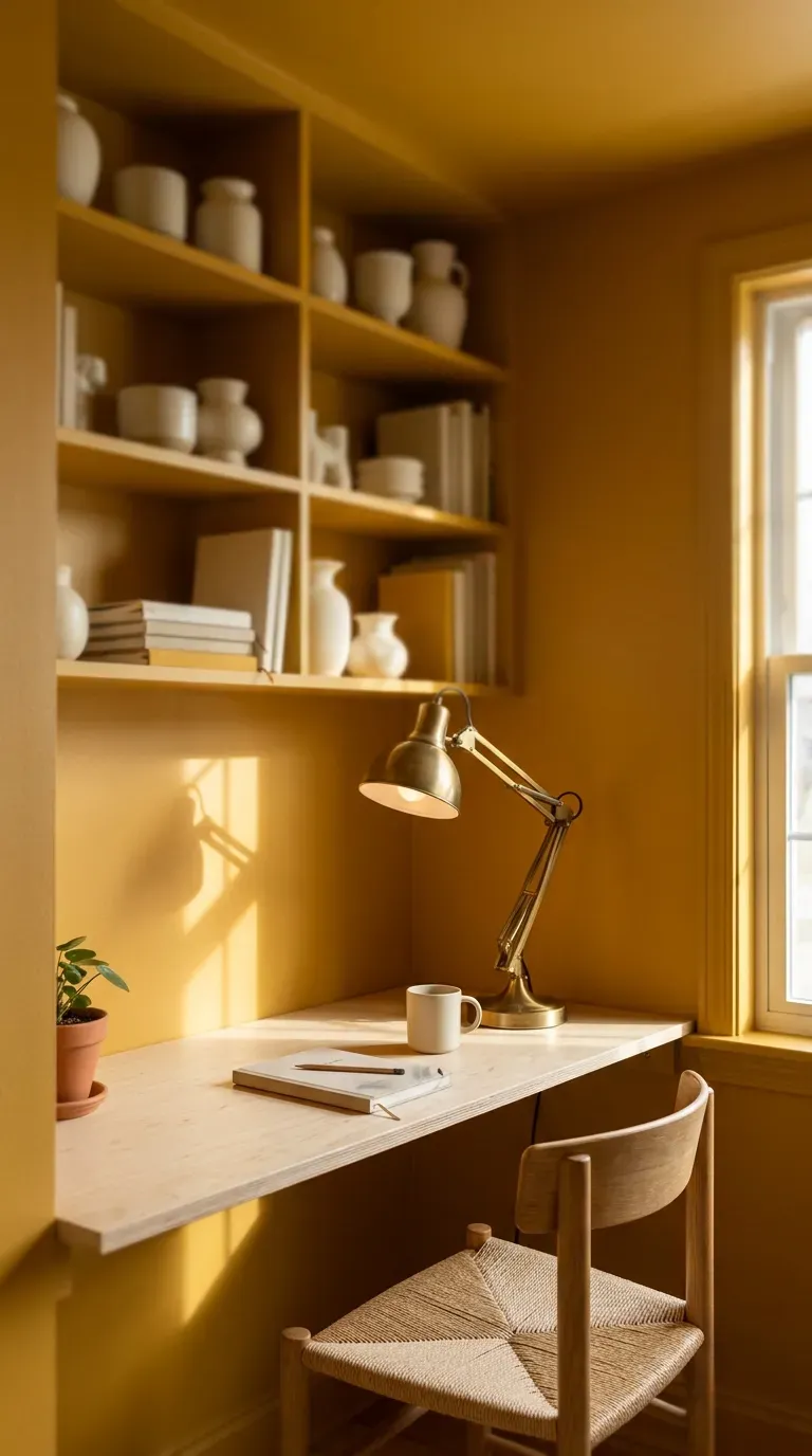 11 Cozy Color Drenched Interior Ideas for Small Spaces 6 small home office nook color drenched in warm ochre yellow with matching built-in shelves