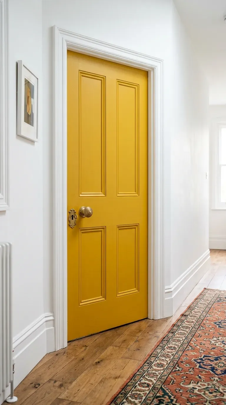 Vibrant mustard yellow painted interior door with heavy brass hardware
