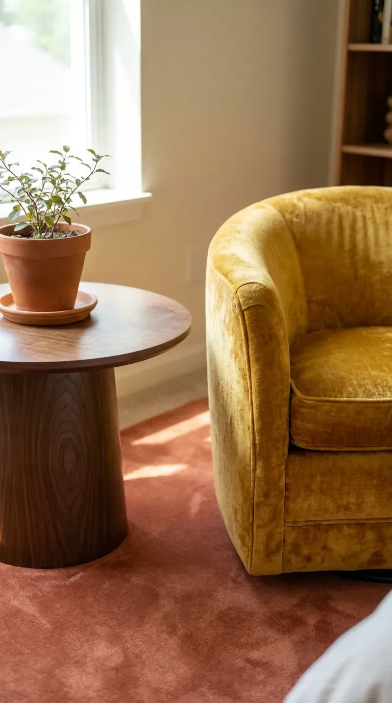 12 Stunning Retro Bedroom Ideas That Look Insanely Chic 3 curved mustard yellow velvet accent chair in a retro bedroom reading corner
