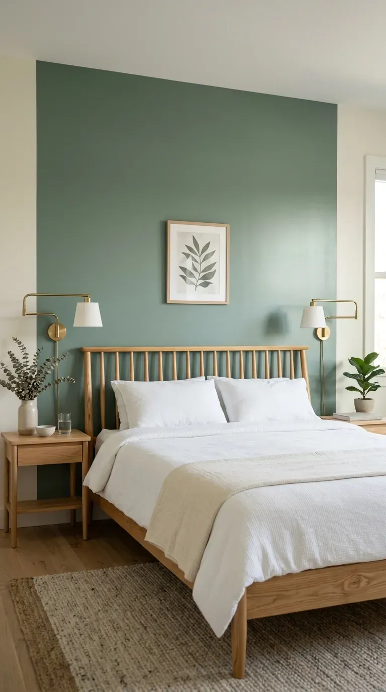 muted eucalyptus green accent wall behind a wooden spindle bed in a bright bedroom