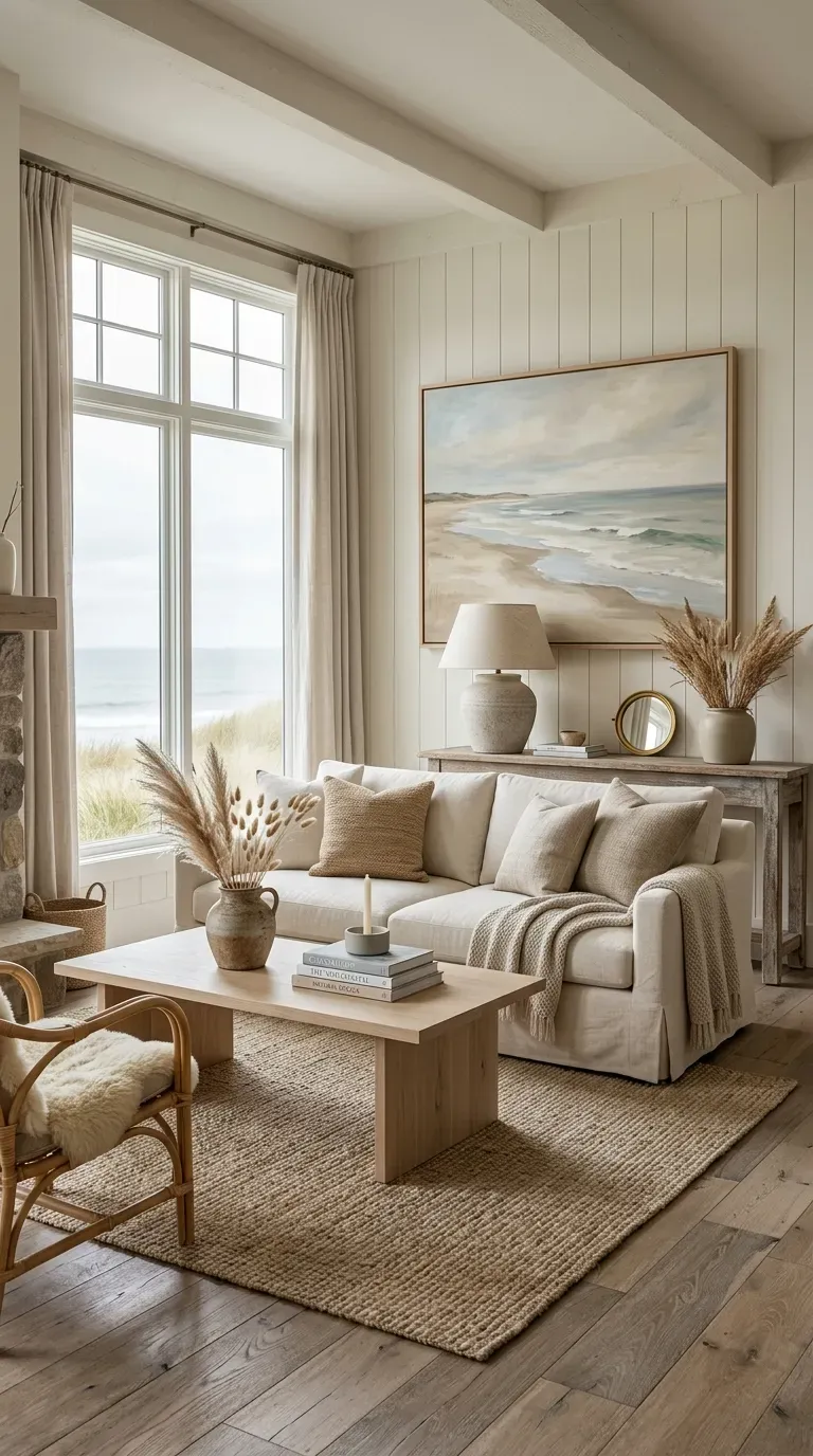 Coastal Cottage Design: 10 Stylish Ideas to Create a Relaxed Seaside Home 8 Coastal cottage living room decorated with understated ocean landscape artwork and natural decor.