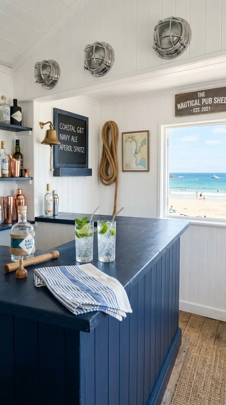 12 Aesthetic Backyard Pub Shed Ideas to Transform Your Yard 10 Bright white and navy blue coastal pub shed with nautical decor