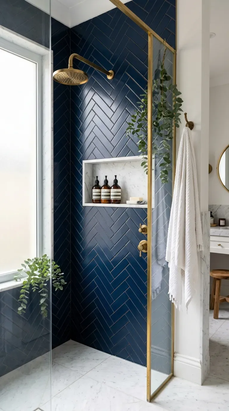 15 Genius Blue Tile Bathrooms You Need to Try 2 Navy blue subway tile installed in a herringbone pattern with brass fixtures
