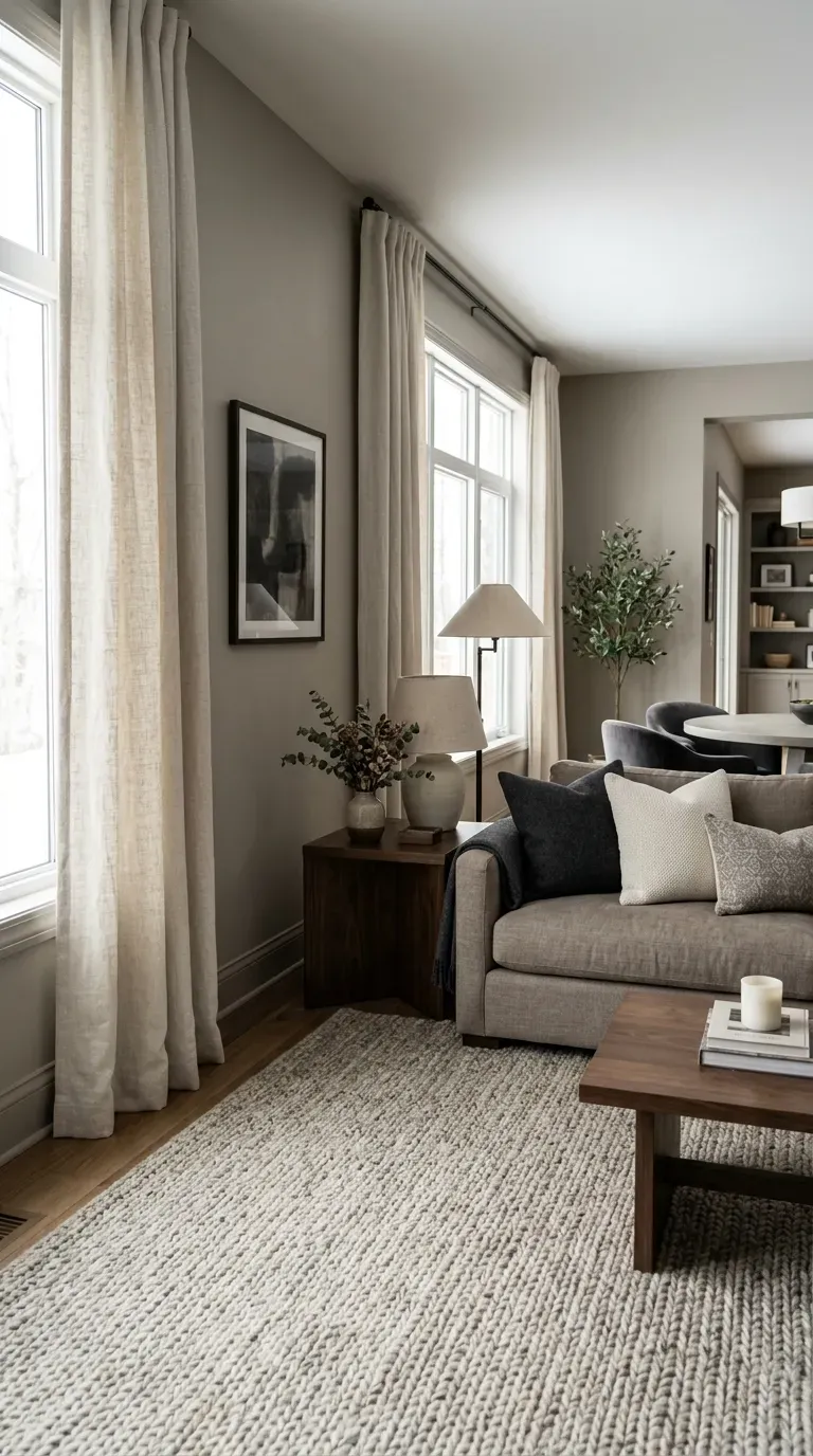 transitional living room decorated in a layered palette of warm taupe and cool charcoal