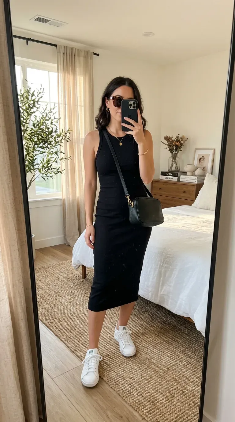 Woman wearing a black tank dress with white sneakers for a stylish New York summer outfit.