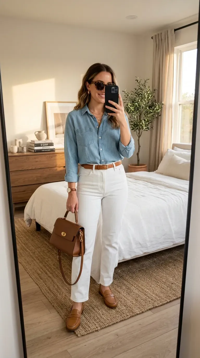 Woman wearing a chambray shirt with white jeans for a chic New York summer outfit.