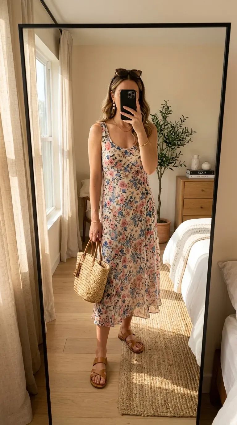 Woman wearing a floral midi dress with flat sandals for a New York summer outfit.