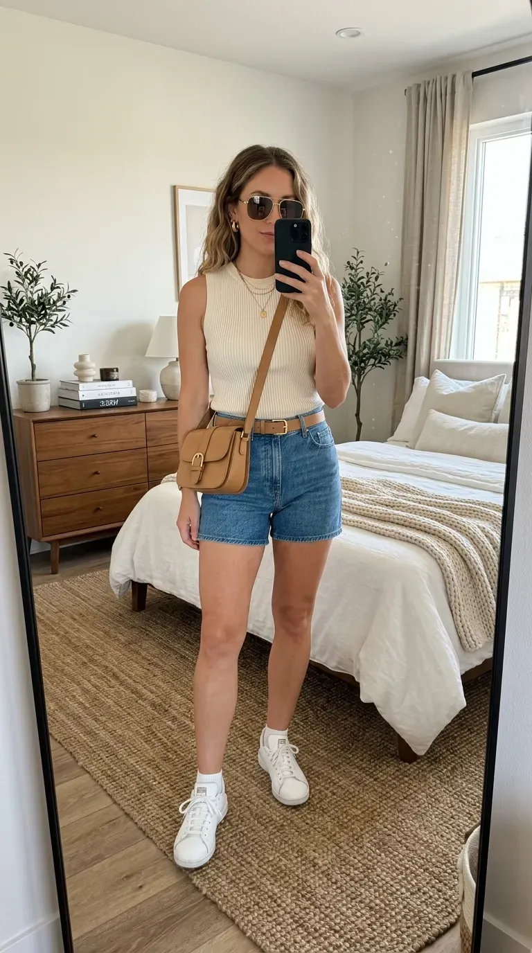 Woman wearing a sleeveless knit top with denim shorts for a casual New York summer outfit.