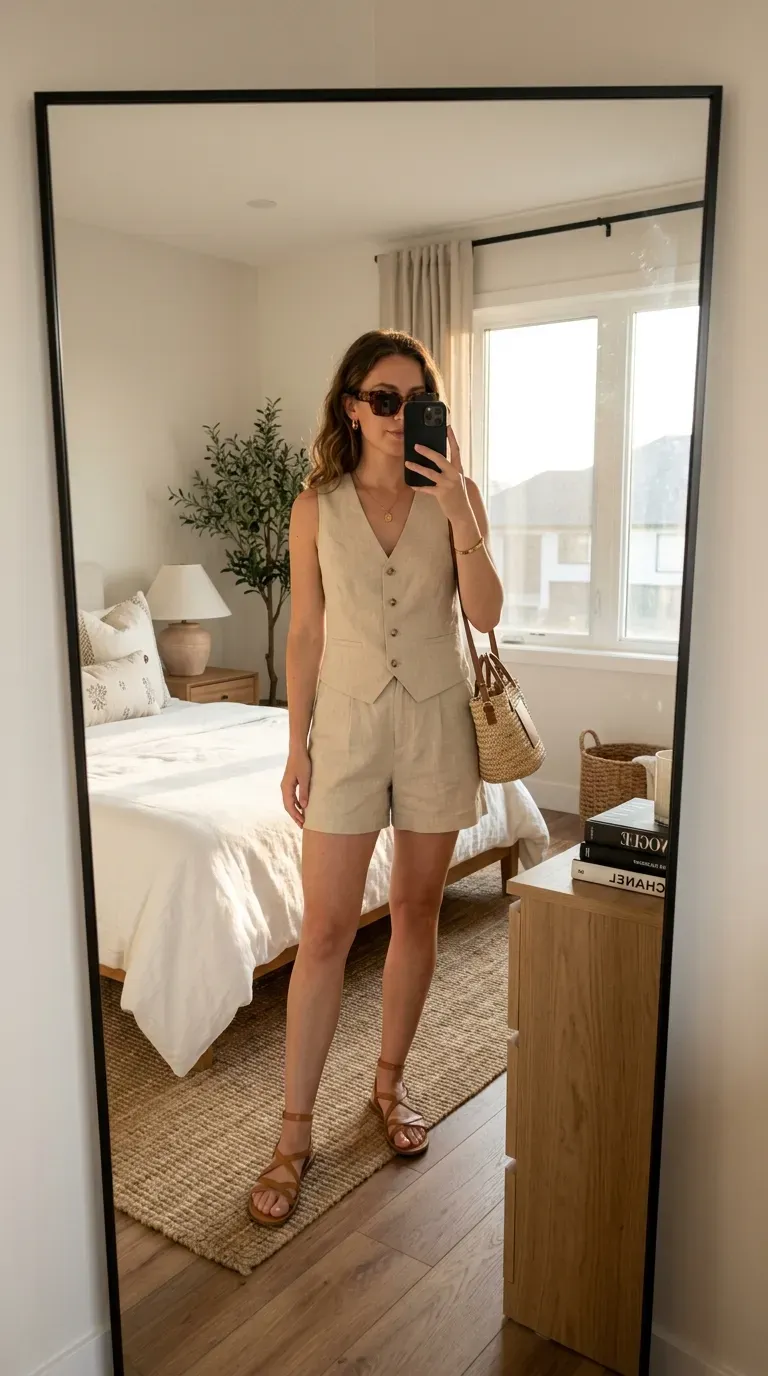 Woman wearing a beige linen vest with matching shorts for a stylish New York summer outfit.