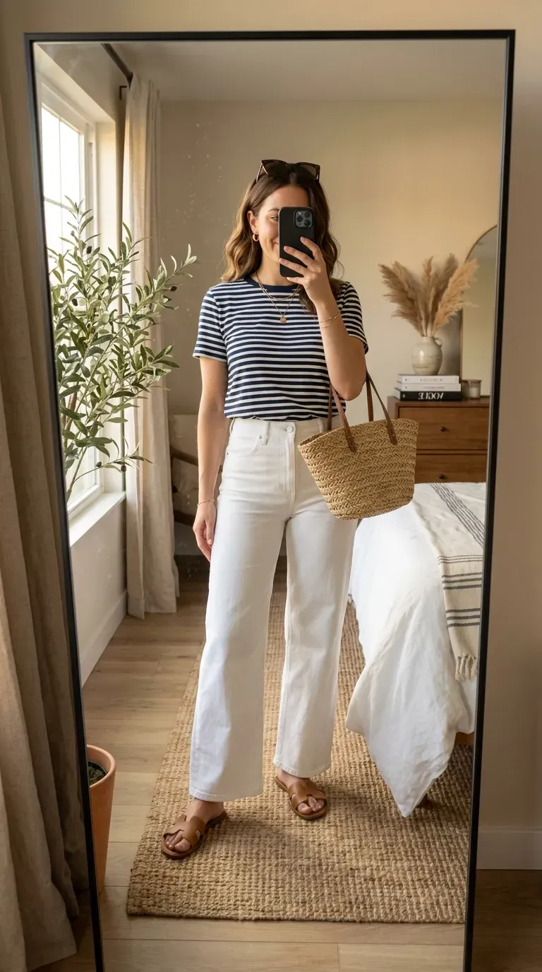 Woman wearing a striped T-shirt with white wide-leg jeans for a New York summer outfit.