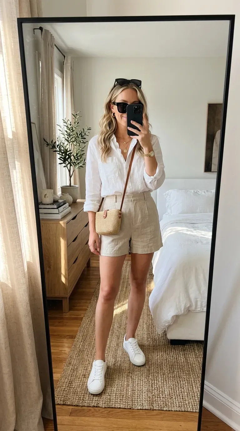 Woman wearing a white linen shirt with beige shorts for a chic New York summer outfit.