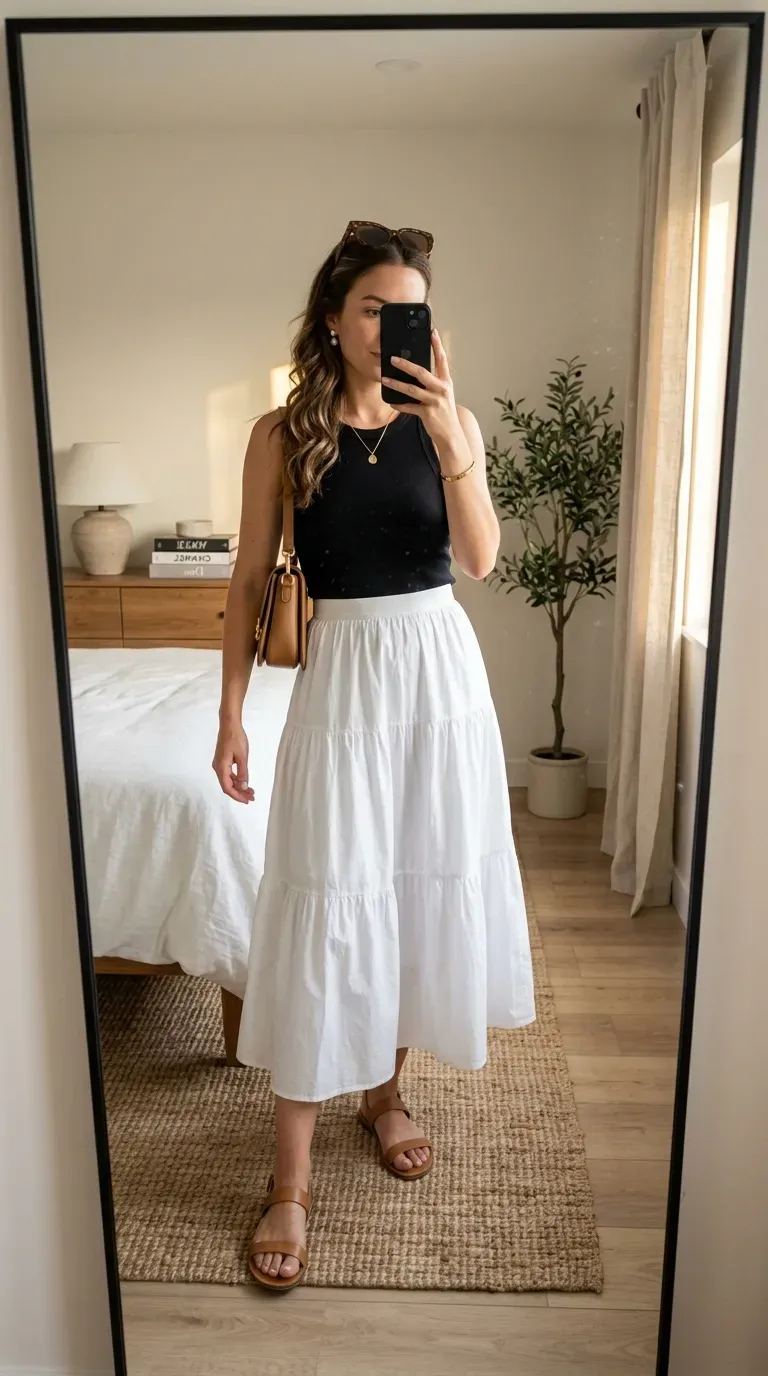Woman wearing a white midi skirt with a ribbed tank top for a New York summer outfit.