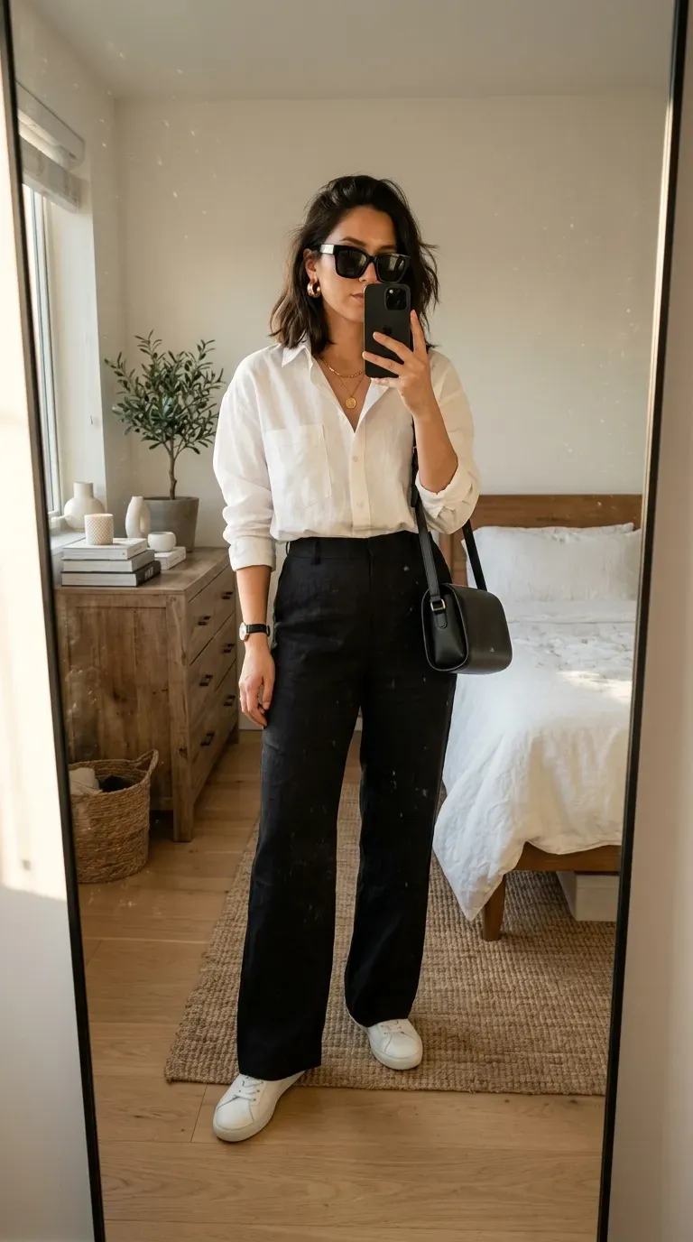 Woman wearing a white button-down shirt with black linen trousers for a chic New York summer outfit.
