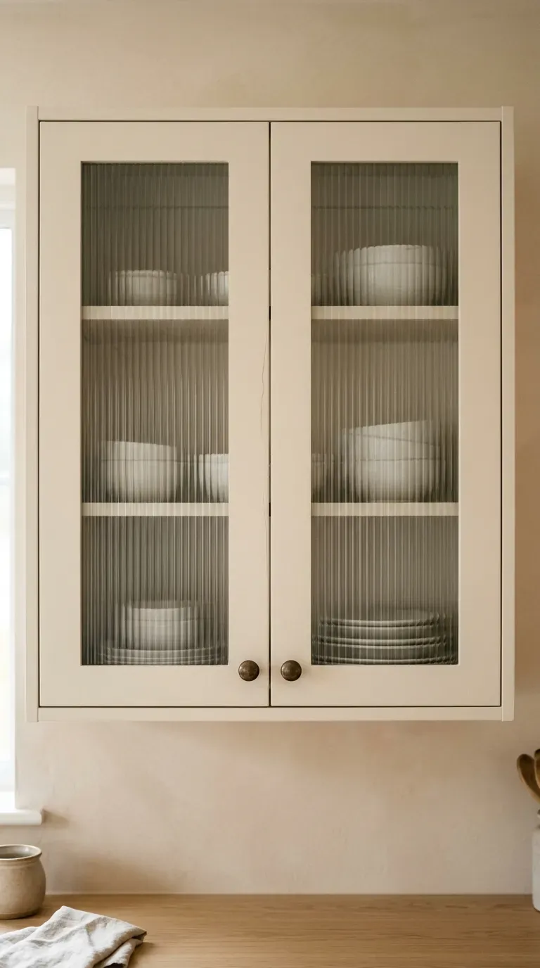 10 Modern Kitchen Color Ideas That Are Trending for 2026 7 warm oat milk painted kitchen cabinets featuring textured fluted glass upper doors