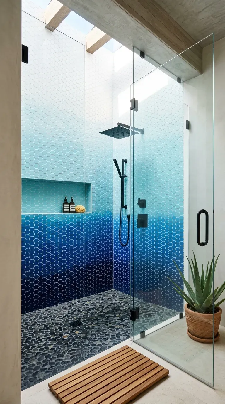 15 Genius Blue Tile Bathrooms You Need to Try 9 Stunning walk-in shower with tiles fading from dark navy to white