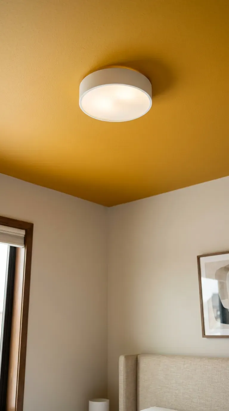 warm ochre yellow painted ceiling contrasting soft neutral greige bedroom walls