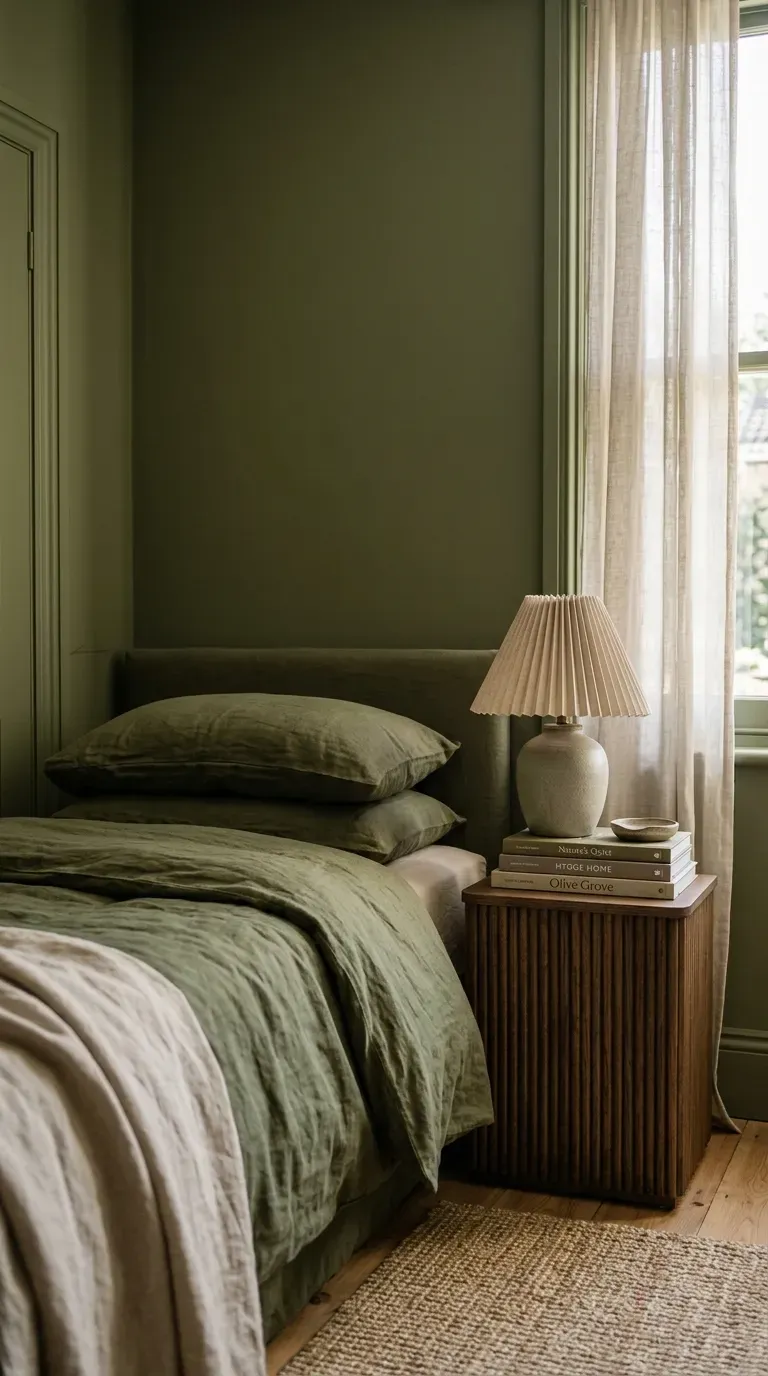 11 Cozy Color Drenched Interior Ideas for Small Spaces 2 small bedroom fully drenched in olive green with matching painted trim and linen bedding