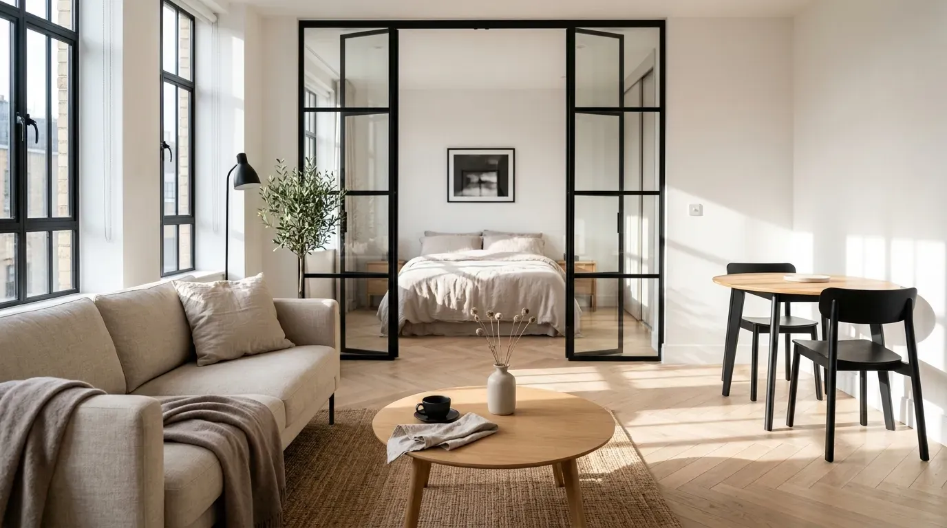 bright open-concept one bedroom apartment with glass divider and floating console