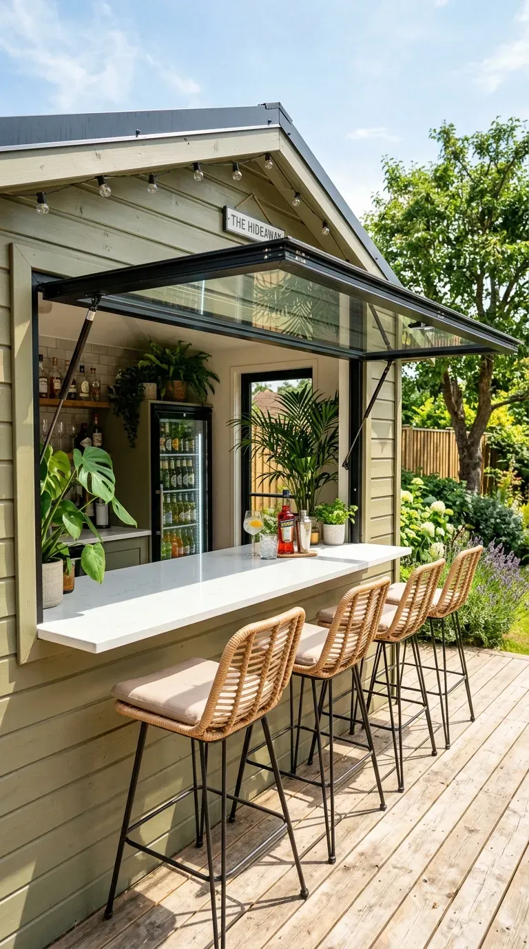 12 Aesthetic Backyard Pub Shed Ideas to Transform Your Yard 4 Bright backyard pub shed with large fold-up windows and barstools outside