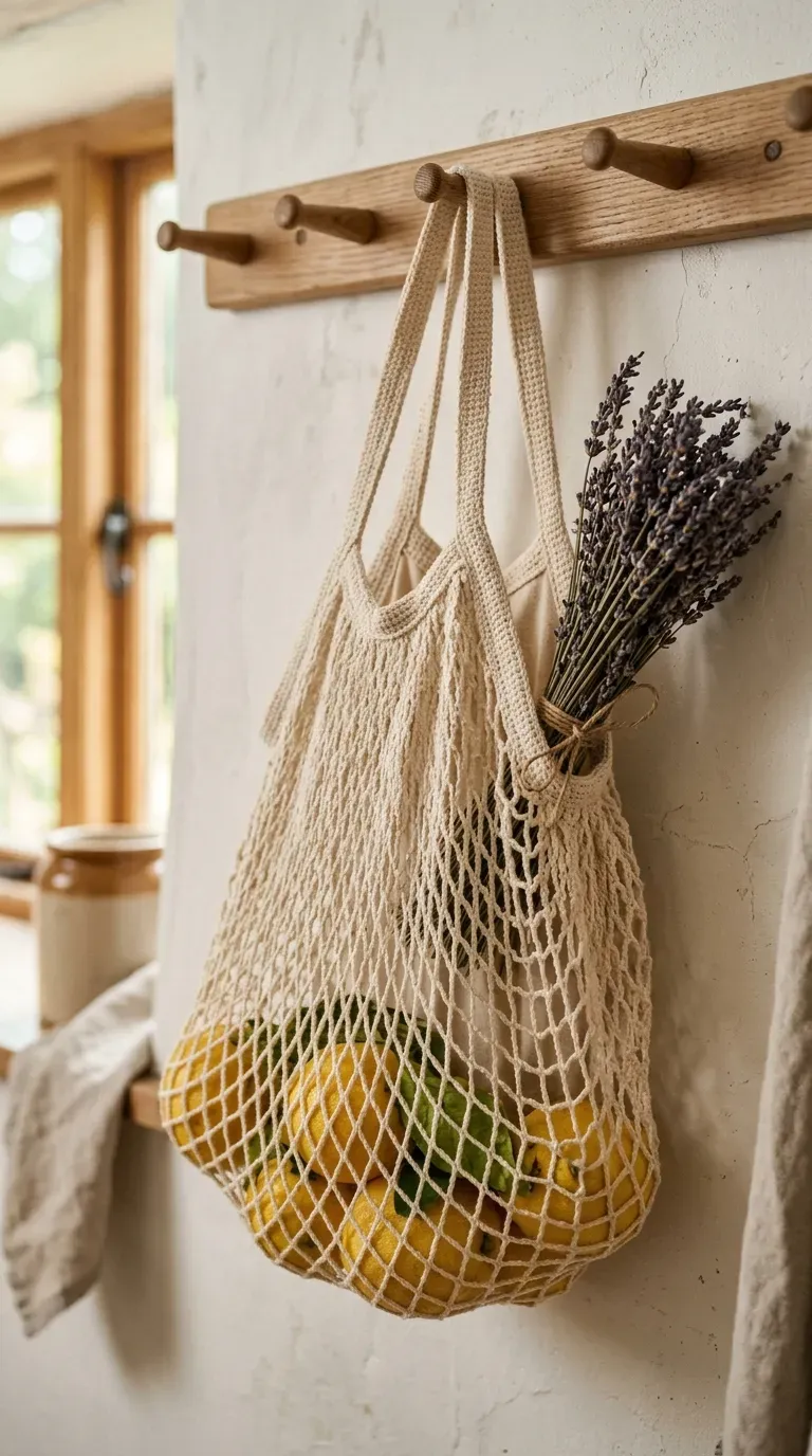 handmade cream open mesh crochet market tote hanging from a wooden wall hook