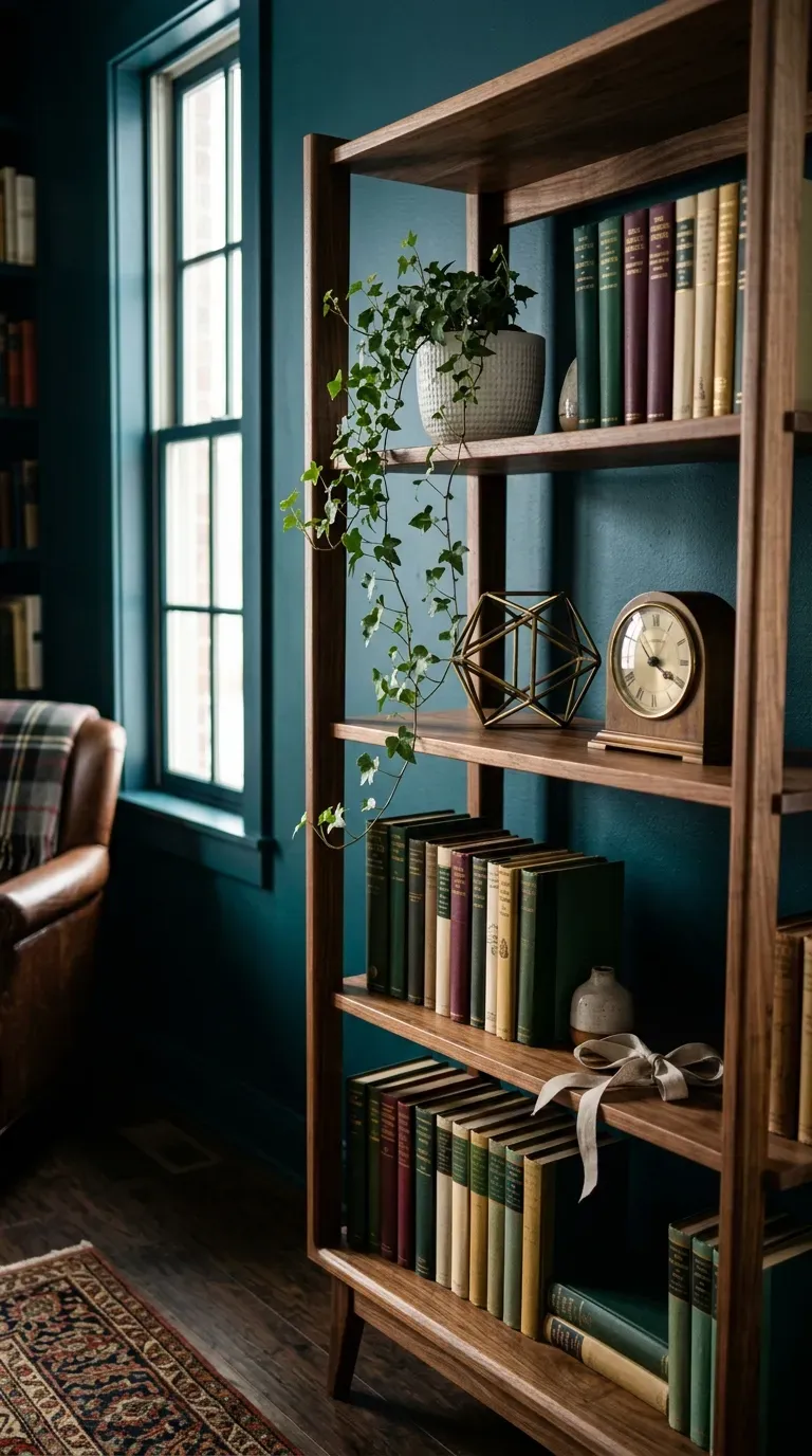 Solid walnut open-backed bookcase resting against a teal wall