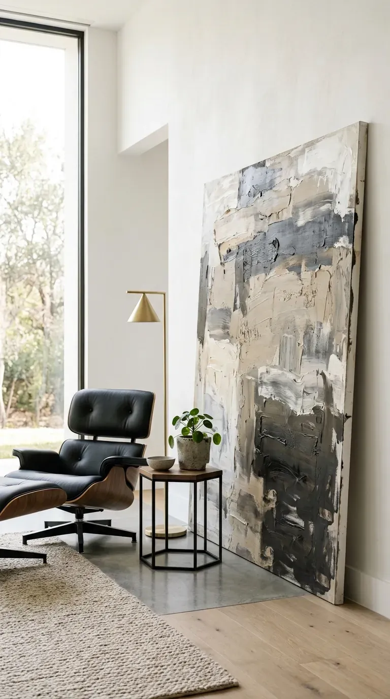 16 Genius Minimalist Living Room Ideas You Need to Try 7 Huge neutral abstract painting leaning against a white wall