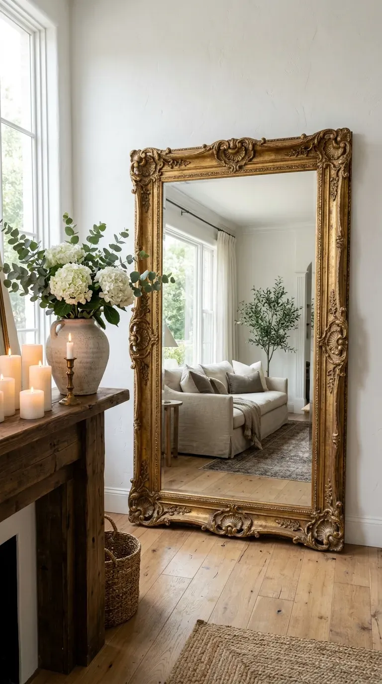 Massive antique gold mirror leaning against a bright white wall