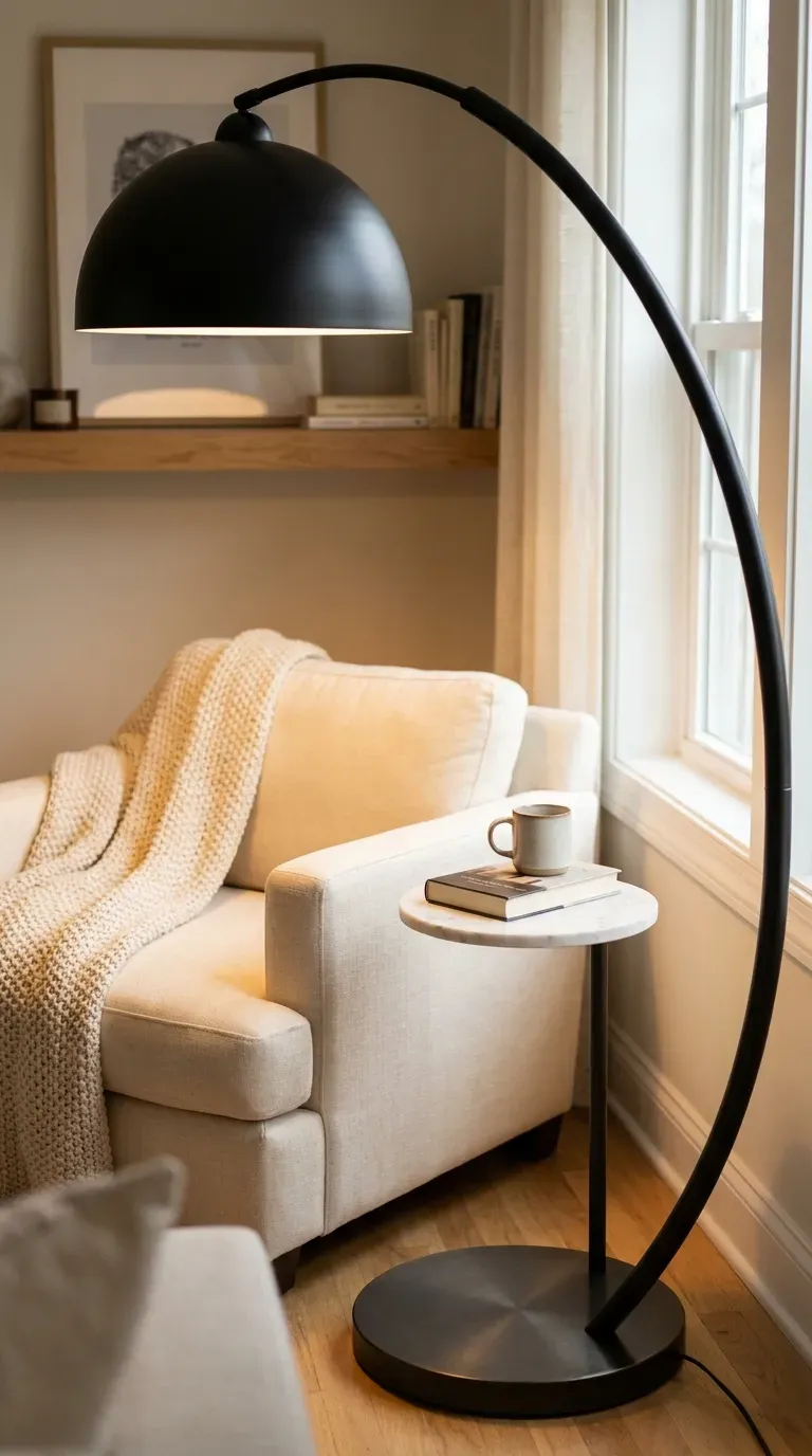 curved black arc floor lamp arching over a reading chair in a living room