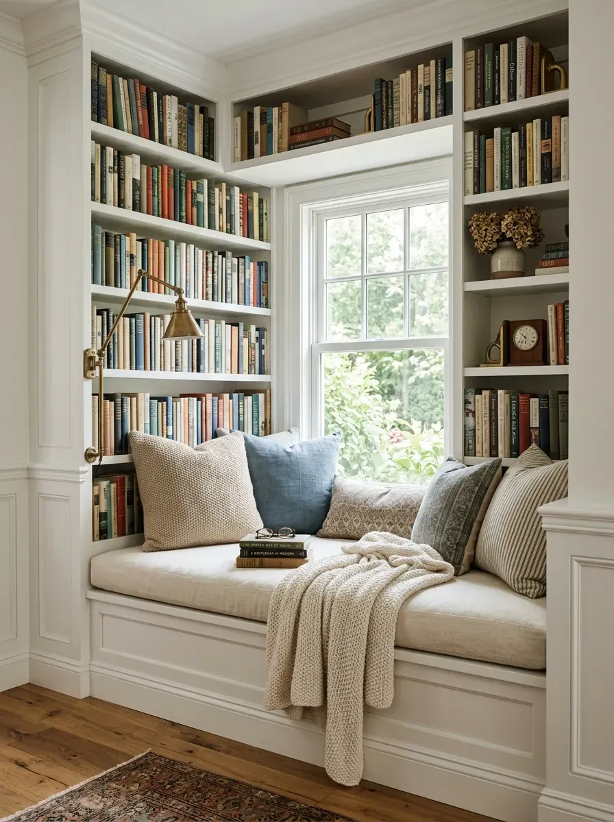 Stylish reading corner with oversized armchair floor lamp side table and books.