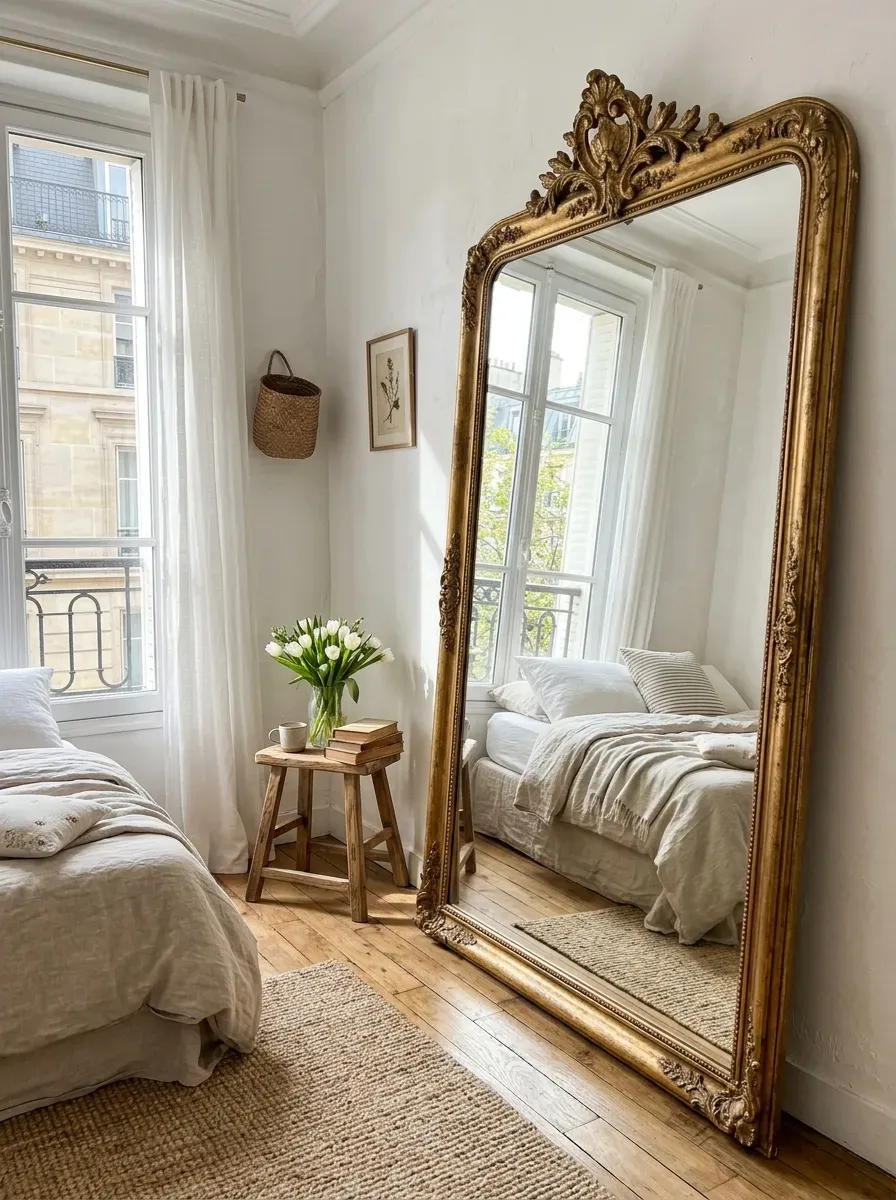 10 Must-Try Tiny Room Ideas That Look Stunning 3 Massive oversized floor mirror leaning in a bright tiny bedroom