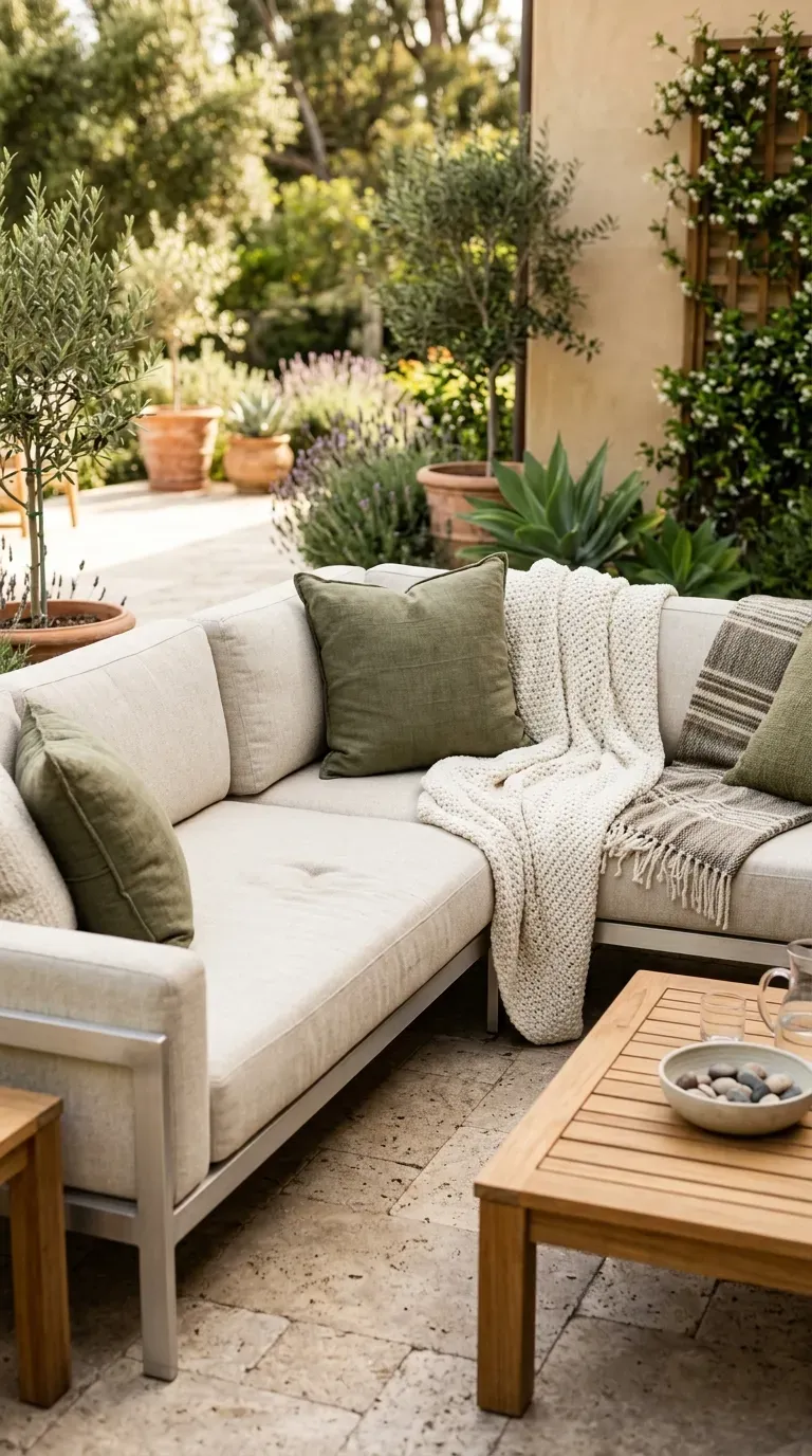 plush oatmeal performance linen outdoor sectional sofa with textured throw pillows
