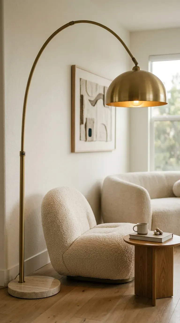 10 Trending Bold Home Decor Pieces to Style in 2026 3 oversized brass arc floor lamp extending gracefully over a modern living room seating area