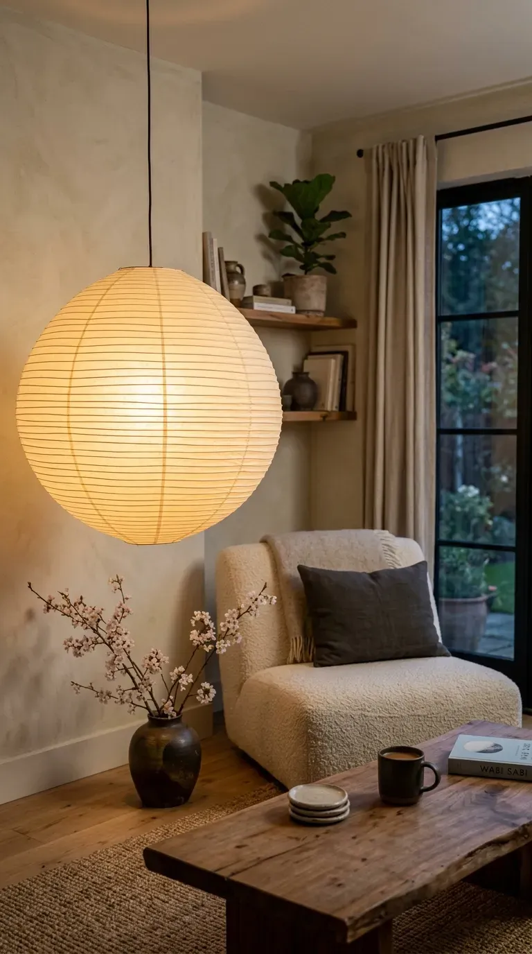 Oversized glowing paper lantern in a cozy minimalist living room