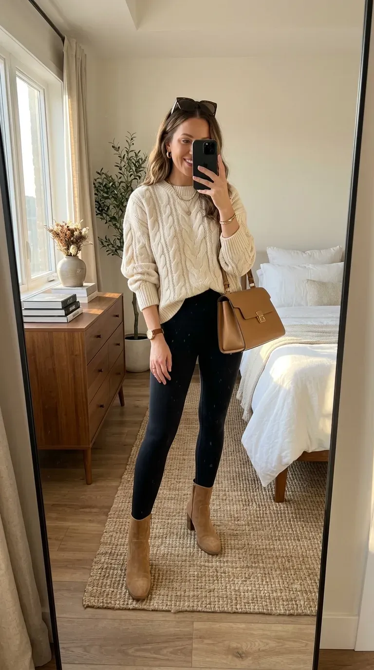 Woman wearing an oversized sweater with black leggings for a cozy everyday outfit.