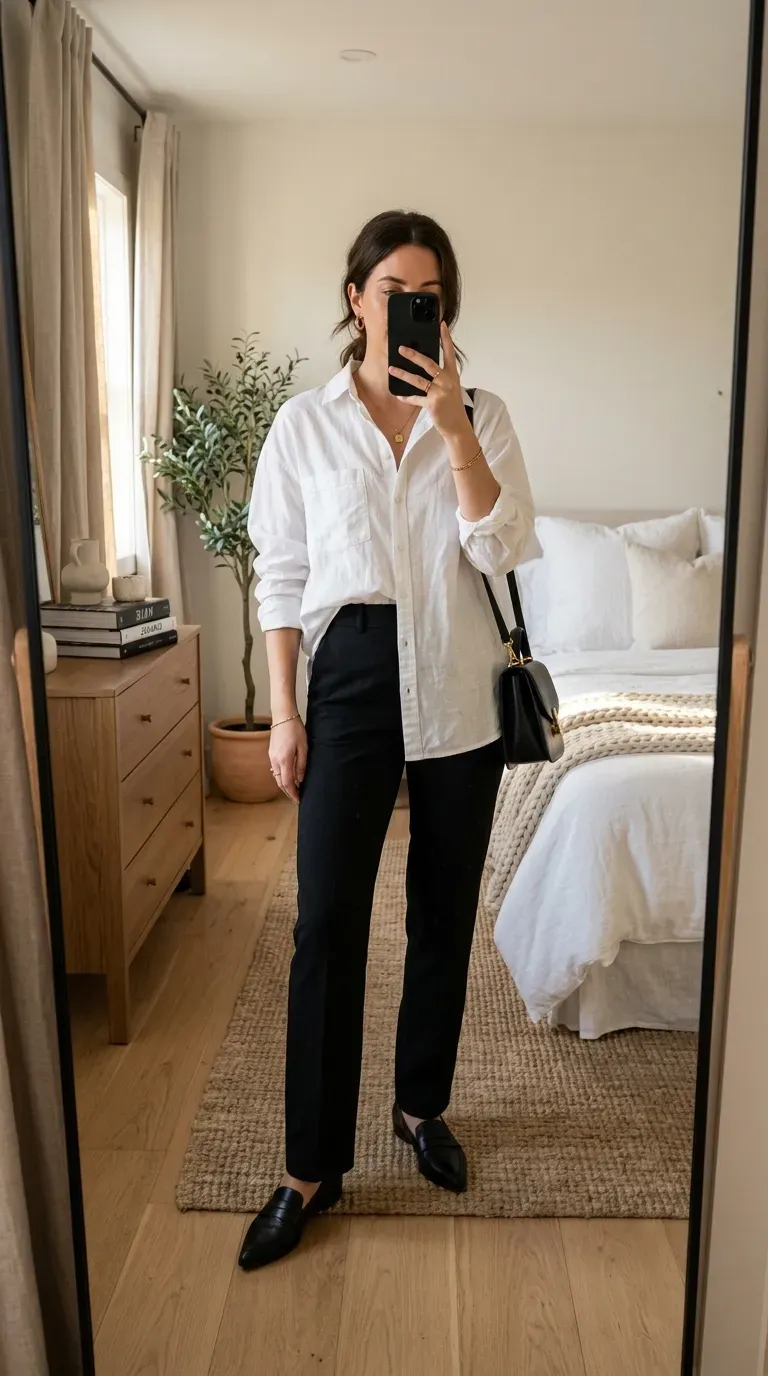White Button Down Shirt Outfit Ideas: 11 Chic Ways to Style a Classic 5 Woman wearing oversized white shirt with black trousers for minimalist chic style.