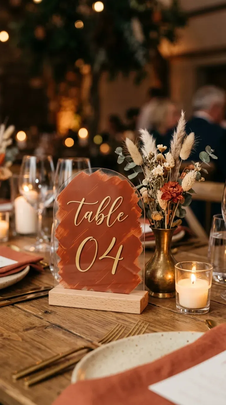 11 Gorgeous Wedding Cricut Projects You'll Want to Copy 4 clear arch acrylic table number with terracotta painted back and gold vinyl numbering