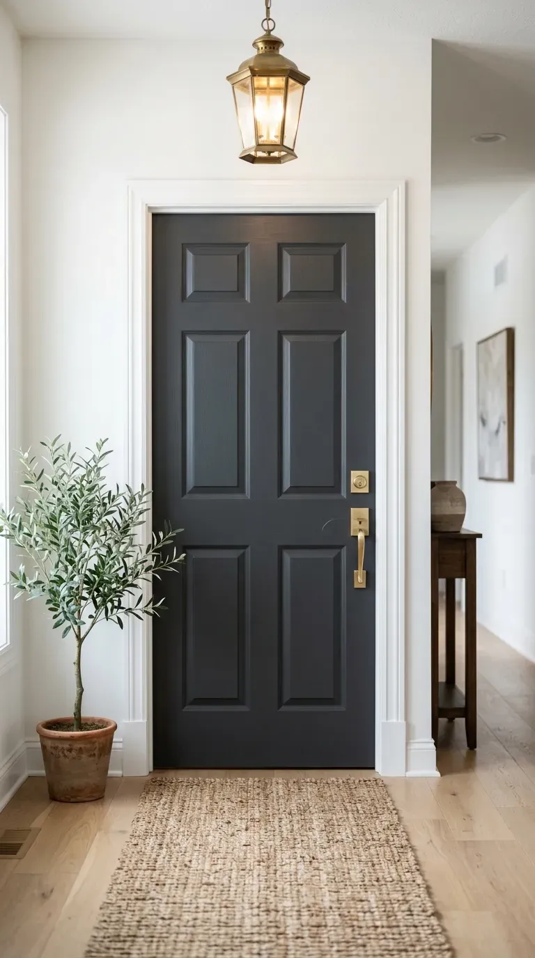 interior side of a front door painted deep charcoal grey with satin brass hardware