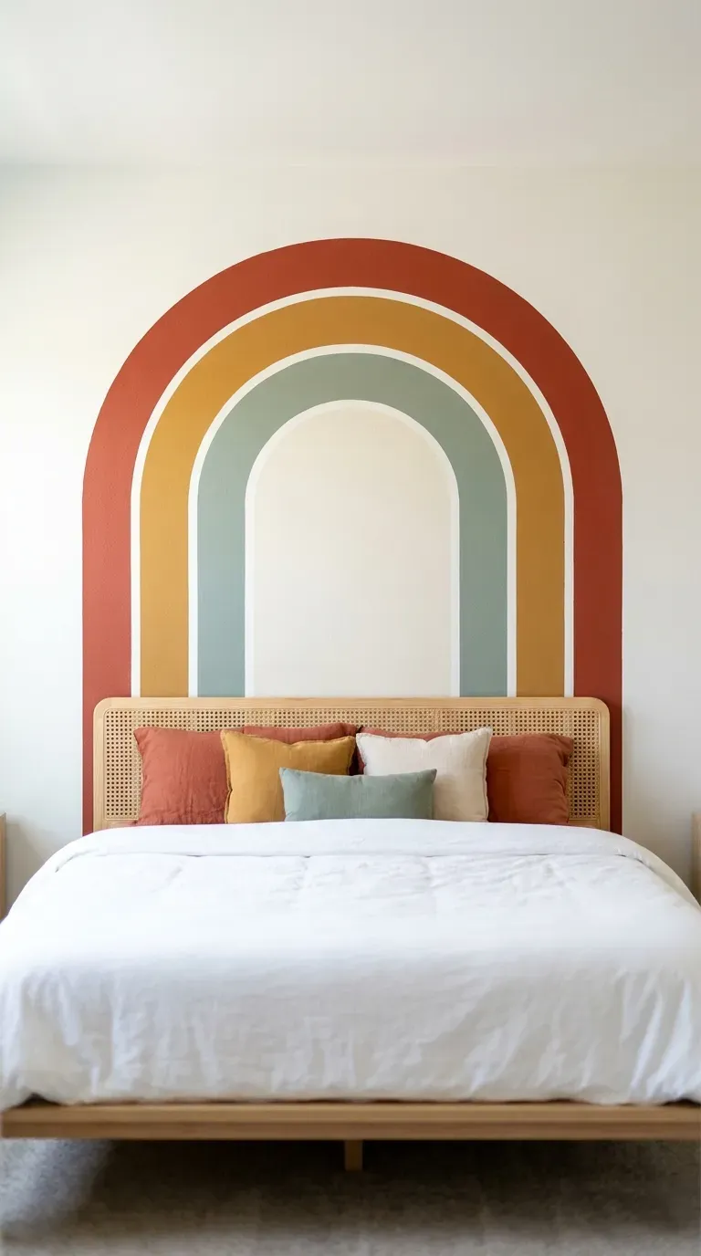12 Stunning Retro Bedroom Ideas That Look Insanely Chic 4 painted color block geometric wall arch mural in warm retro terracotta and mustard
