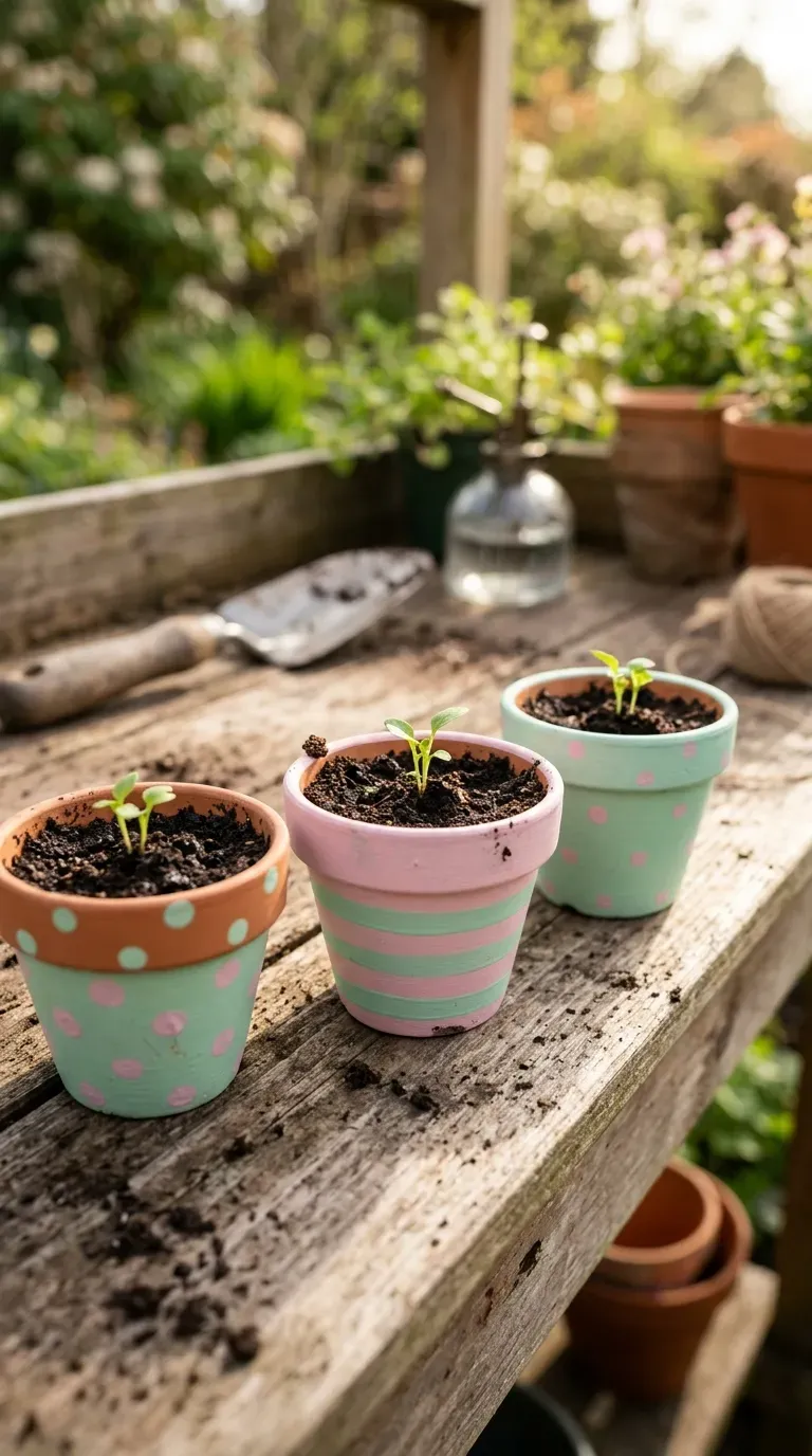colorful painted mini terracotta pots with green sprouts on a sunny potting bench