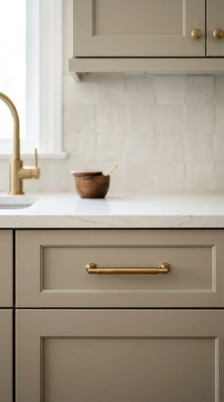 kitchen cabinets painted in warm greige with modern brass hardware and quartz counters
