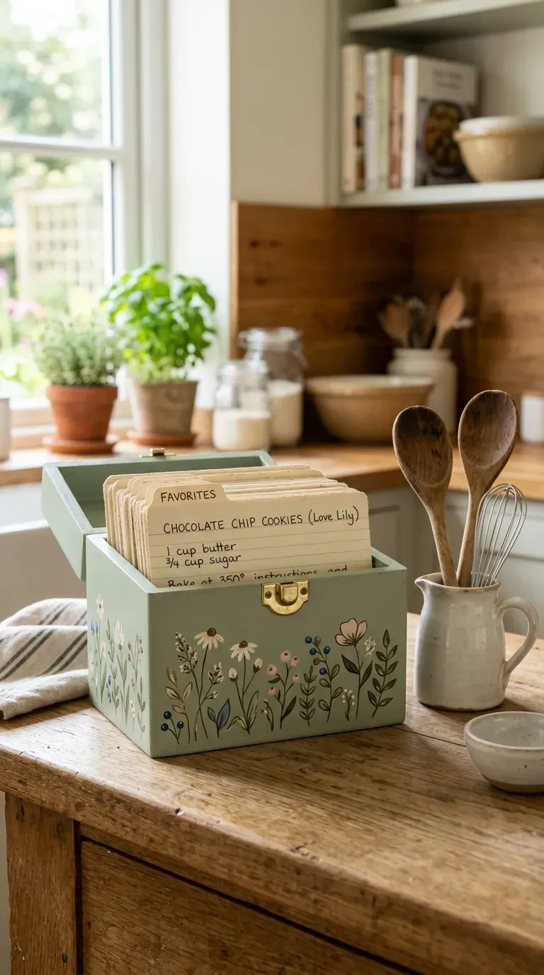 pastel sage green painted wooden recipe box with recipe cards on a marble countertop