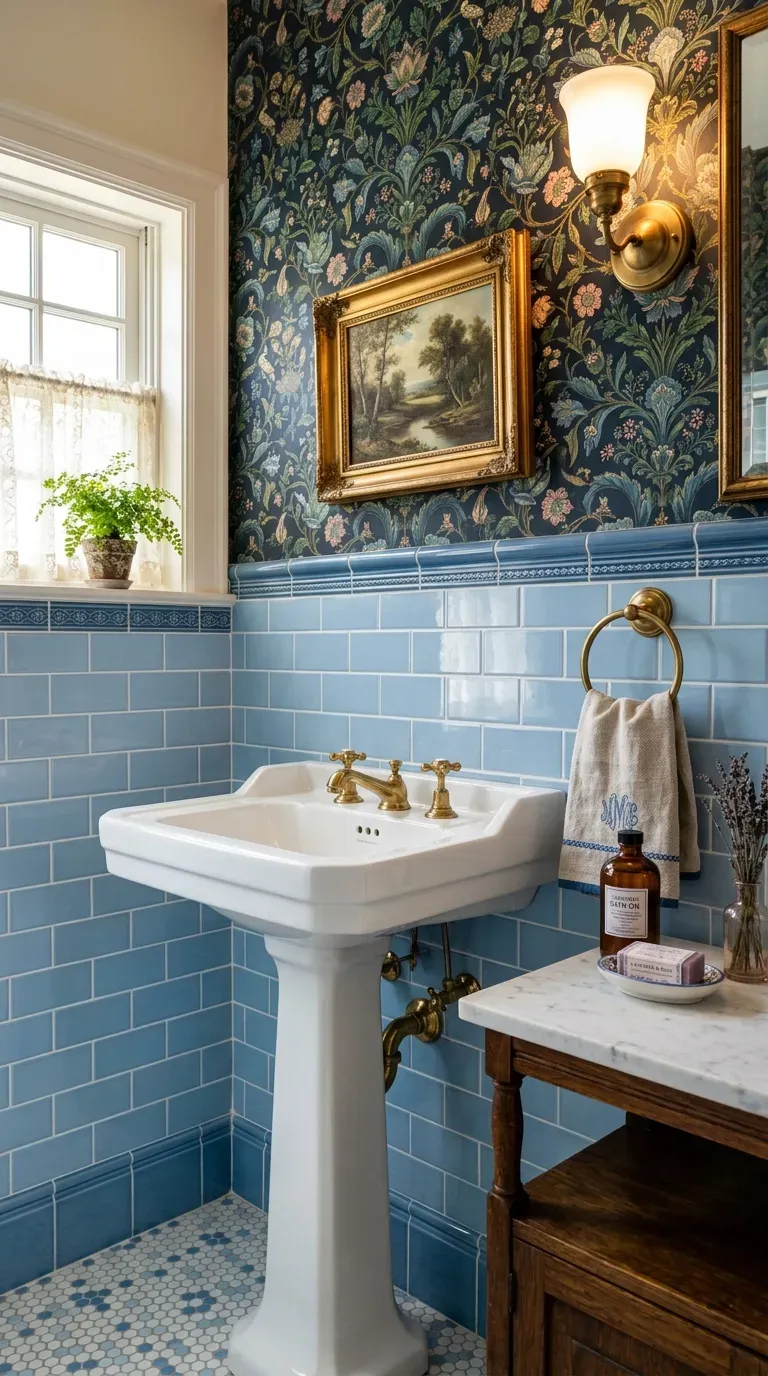 15 Genius Blue Tile Bathrooms You Need to Try 14 Pale blue subway tile wainscoting paired with floral bathroom wallpaper