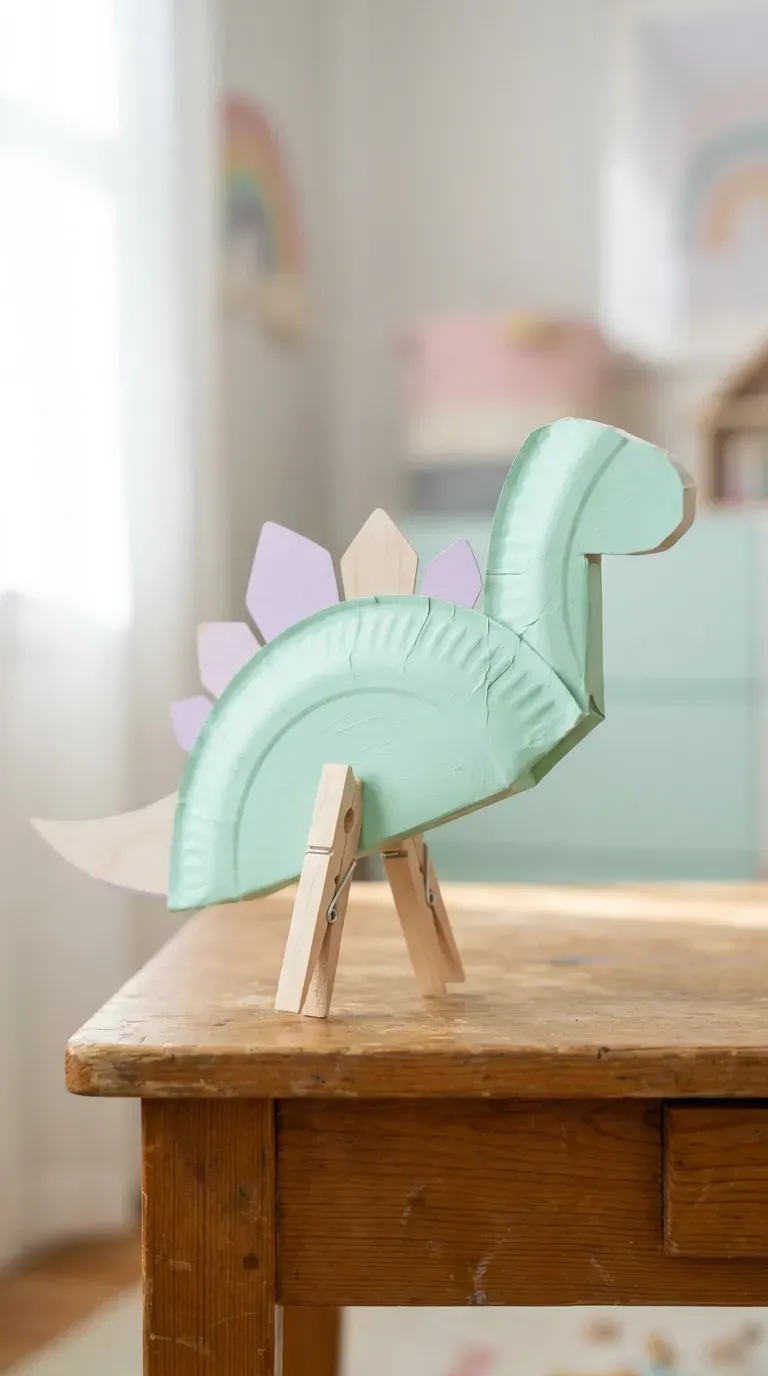 12 Cute Paper Plate Crafts That Are Super Fun and Easy 9 cute pastel mint green paper plate dinosaur with wooden clothespin legs