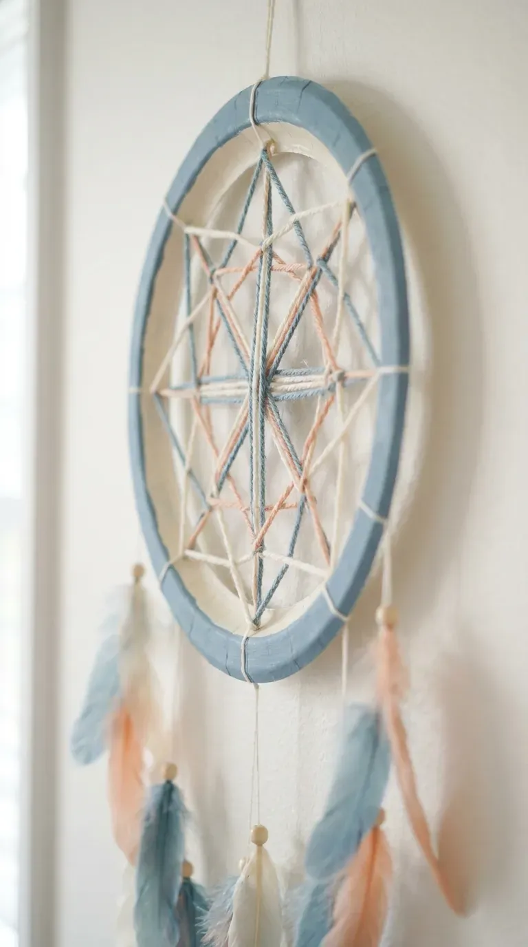 12 Cute Paper Plate Crafts That Are Super Fun and Easy 11 paper plate dreamcatcher with woven blue yarn web and hanging craft feathers