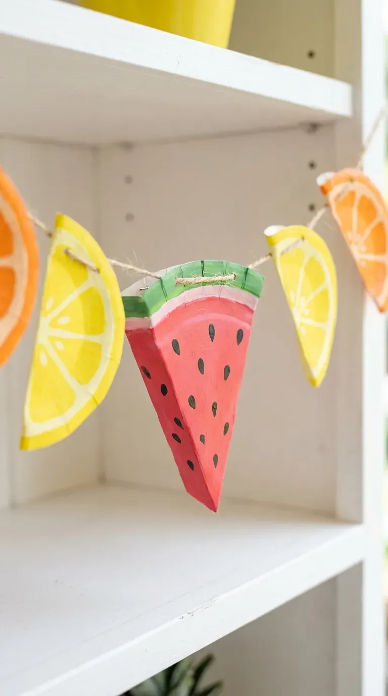 12 Cute Paper Plate Crafts That Are Super Fun and Easy 10 garland of painted paper plate watermelon and citrus slices strung on twine