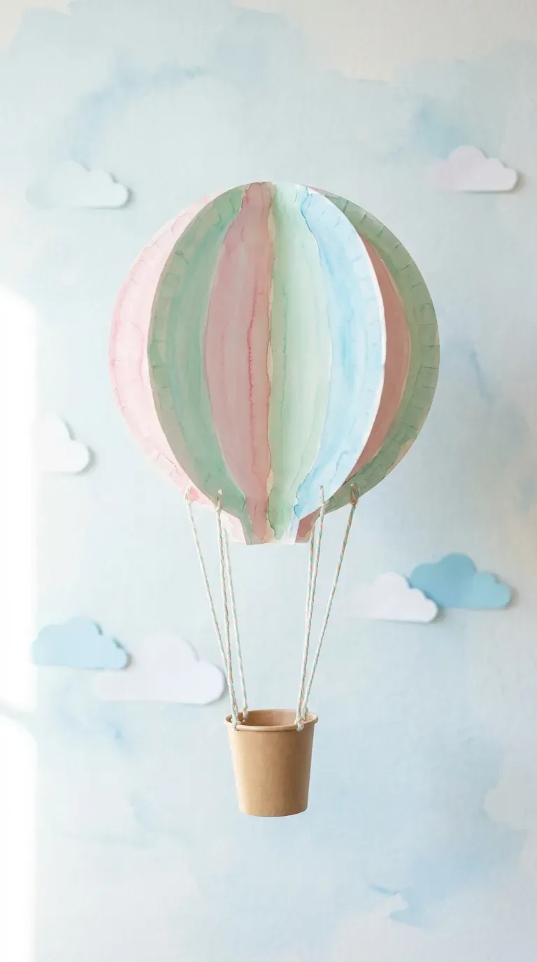 12 Cute Paper Plate Crafts That Are Super Fun and Easy 4 pastel striped paper plate hot air balloon with hanging twine and paper cup basket
