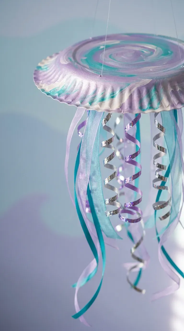 12 Cute Paper Plate Crafts That Are Super Fun and Easy 6 shimmering blue and purple paper plate jellyfish with long trailing organza ribbons
