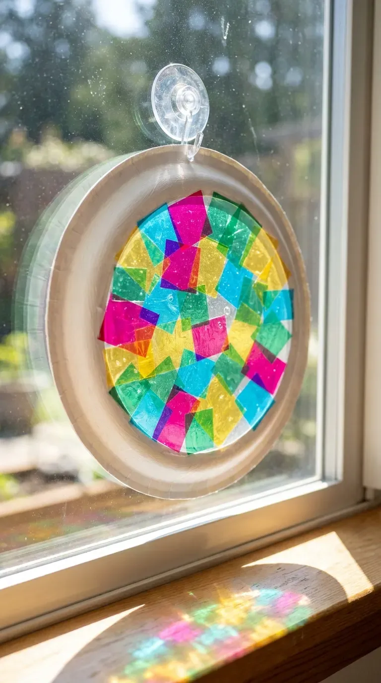 12 Cute Paper Plate Crafts That Are Super Fun and Easy 8 paper plate sun catcher with colorful translucent mosaic pattern hanging in a window