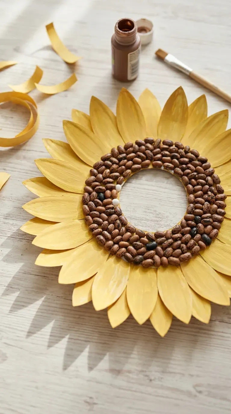 12 Cute Paper Plate Crafts That Are Super Fun and Easy 2 handmade yellow paper plate sunflower wreath styled on a rustic wooden craft board